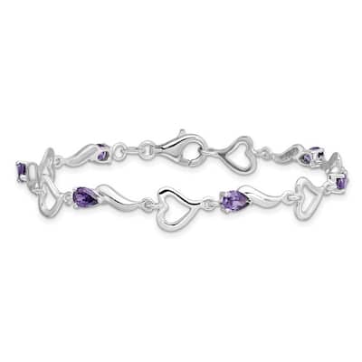 Curata 925 Sterling Silver Fancy Lobster Closure and Amethyst Polished Fancy Link Love Heart Bracelet