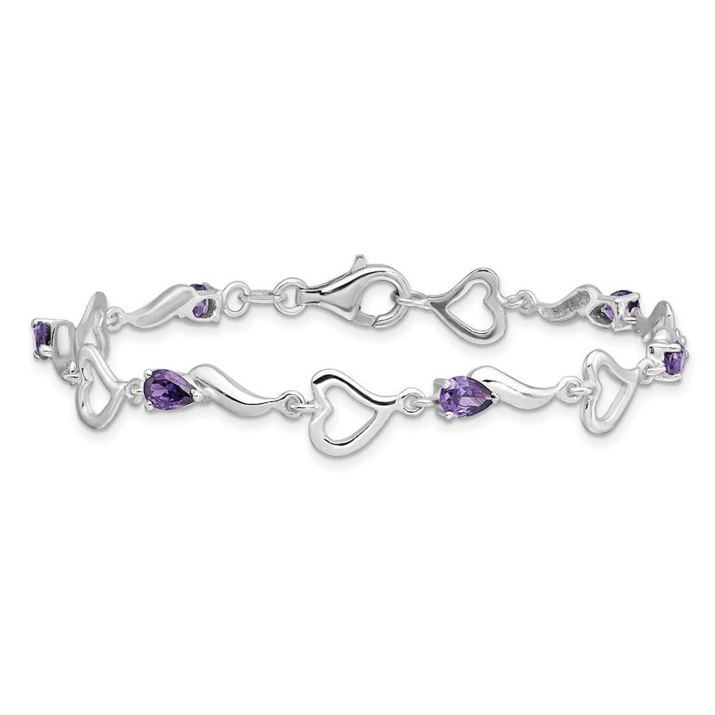 Curata 925 Sterling Silver Fancy Lobster Closure and Amethyst Polished Fancy Link Love Heart Bracelet