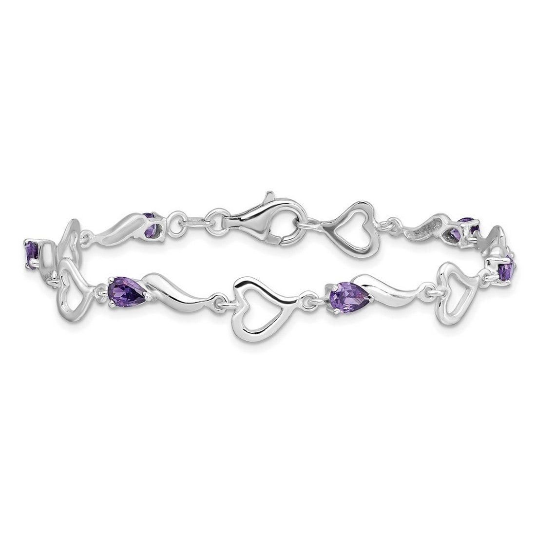 Curata 925 Sterling Silver 7" 8mm Pear Amethyst Heart Link Bracelet