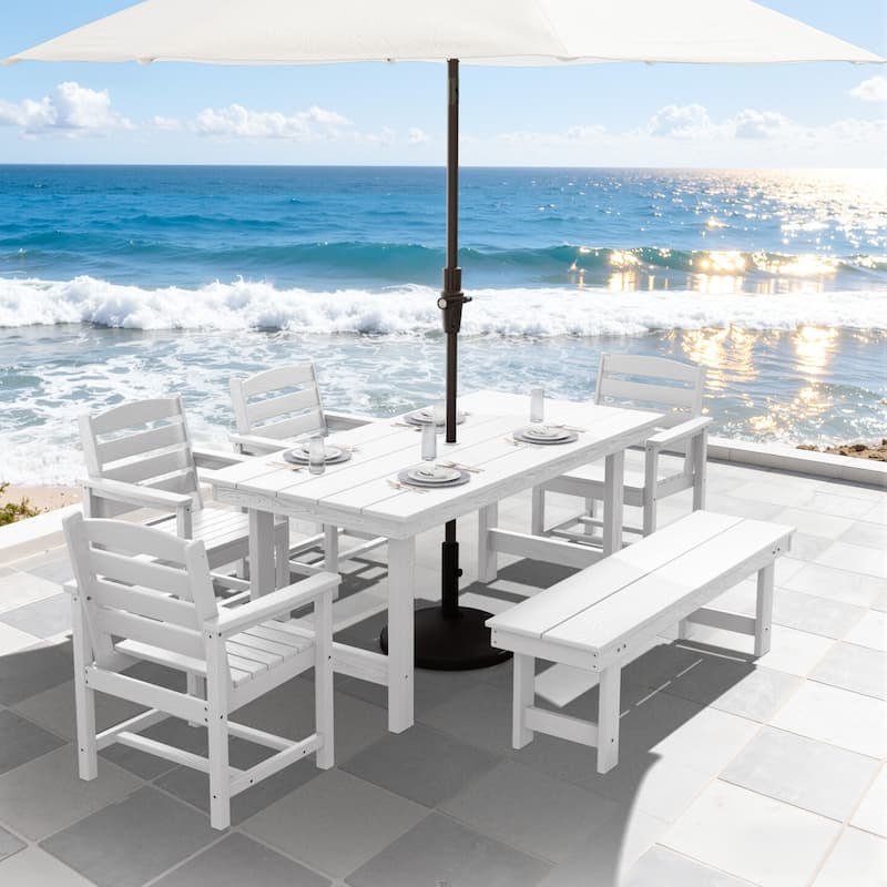 6-Piece HDPE Outdoor Dining Table Sets with Umbrella Hole - 1-Table 4-Chairs-1-Bench