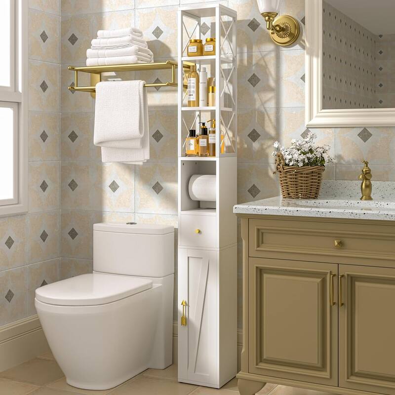 Javlergo Tall Bathroom Cabinet, Narrow Slim Storage Cabinet with Toilet Paper Holder and Drawer For Small Spaces - White