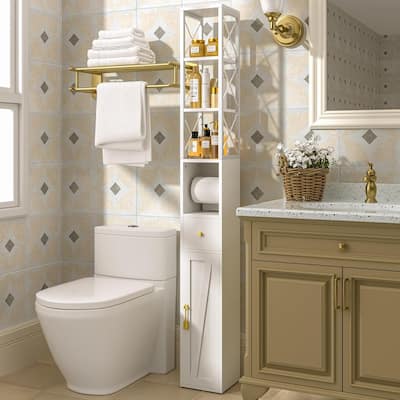 Javlergo Tall Bathroom Cabinet, Narrow Slim Storage Cabinet with Toilet Paper Holder and Drawer For Small Spaces
