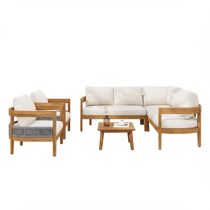 Christopher Knight Home - Valcour Acacia Wood Rounded Tuxedo Outdoor 6 Piece Sofa Set with Water-Resistant Cushions