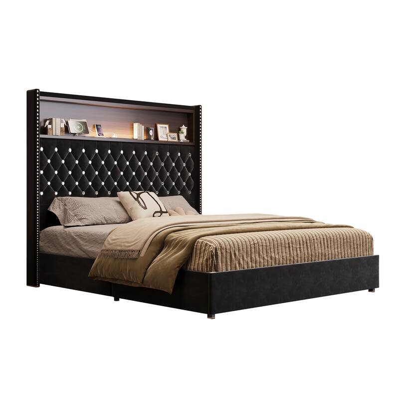 Velvet Tufted Wingback Bed Frame with Rivet Decoration Headboard Built-in Shelf USB Port and Night Light, Soft Platform Bed