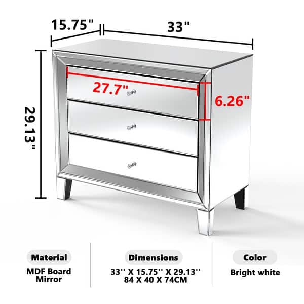 dimension image slide 1 of 2, Glam Mirror Nightstand Bedside Table with 3 Drawer Chest