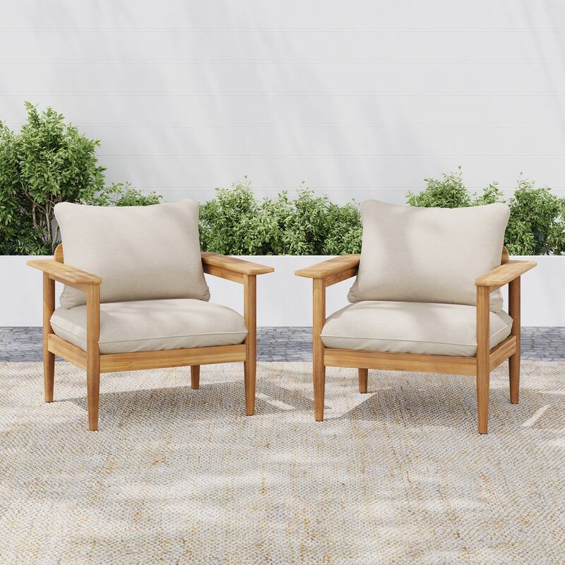 Roomfitters Terassi Outdoor Acacia Wood Lounge Chair with Cushions, Teak Finish and Beige Fabric