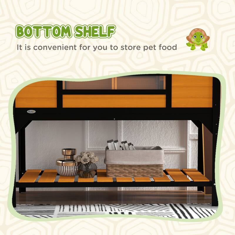 PawHut Tortoise Habitat with Adjustable Lamp Holder, Wooden Tortoise Enclosure with Storage Shelf, Dual Main Houses