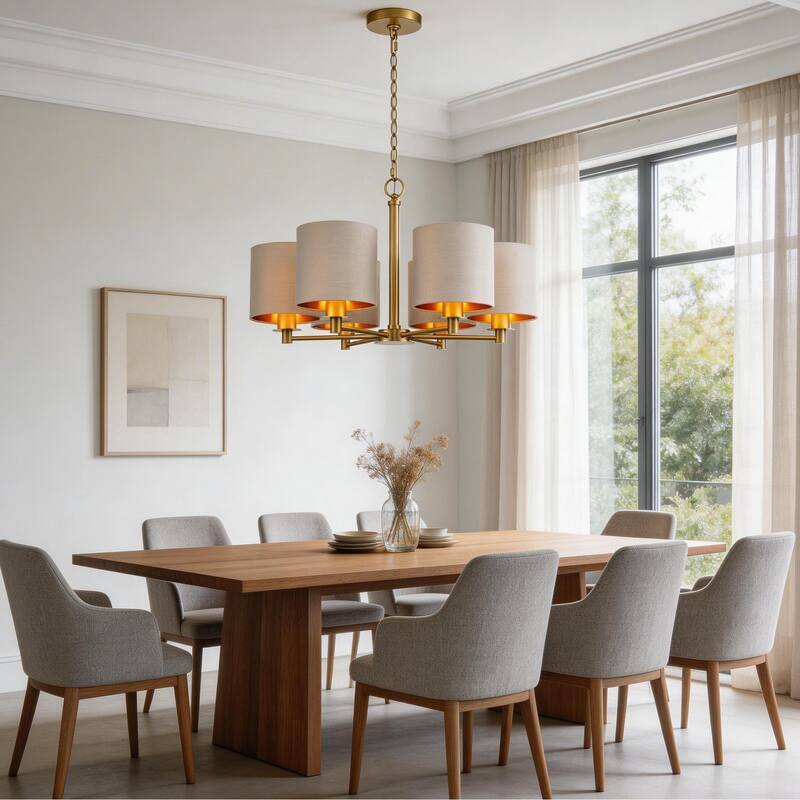 Modern Chandelier Dining Room Pendant Light Fixture Drum Fabric Shade
