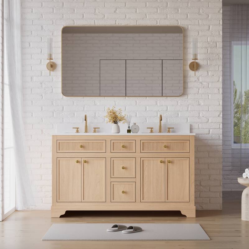 35''H Bath Solid Wood Vanity with Stain-resistant Carrera White Quartz Top And Single Sink