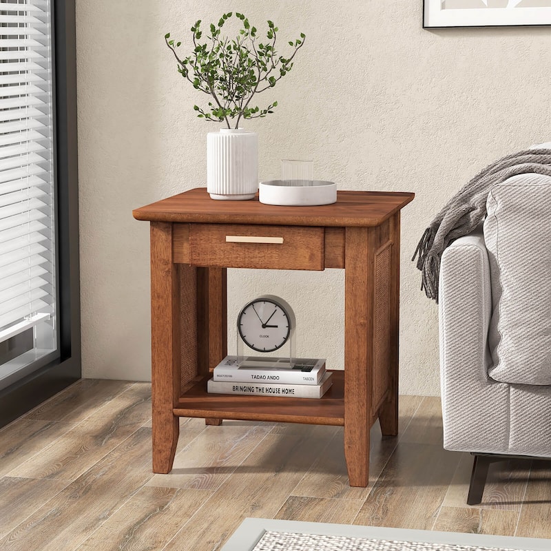 Gymax 2PCS Boho Style Nightstand 3-Tier Sofa Side End Table w/ Drawer