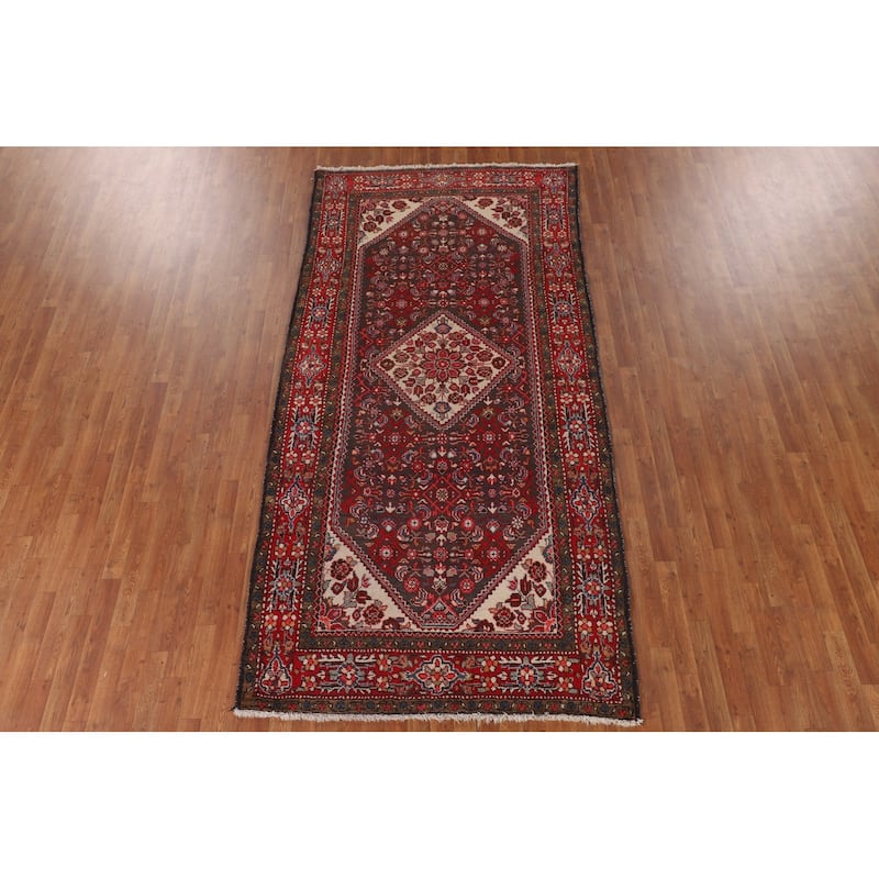 Hamedan Persian Vintage Rug Hand-Knotted Geometric Wool Carpet - 5'1"x 10'3"