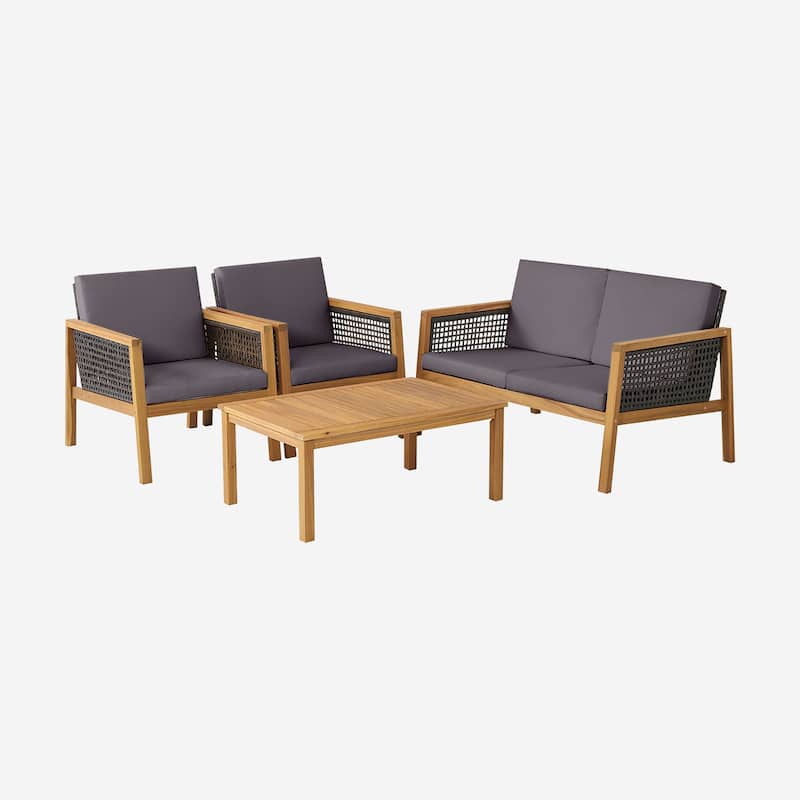 4 PCS Outdoor Acacia Wood Furniture Set Patio Conversation Set - Grey