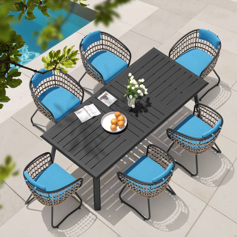 VredHom 7-PC Outdoor Patio Rectangular Aluminum Dining Sets Table with Rattan Chairs Umbrella Hole