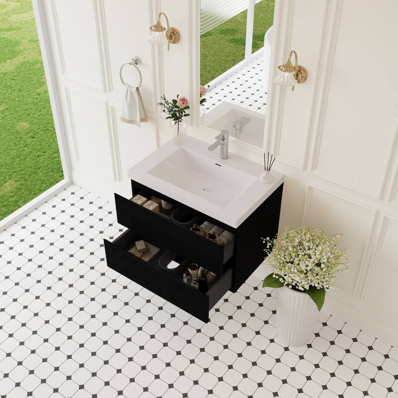 Modern Wall-Mounted Bathroom Vanity with White Solid Surface Top
