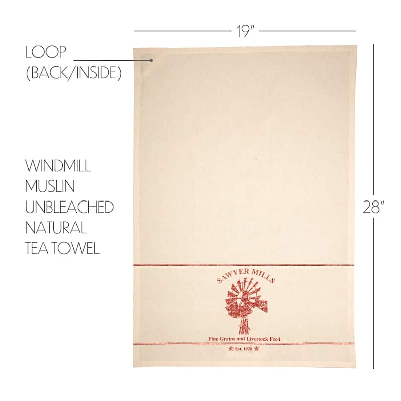 Sawyer Mill Red Windmill Muslin Unbleached Natural Tea Towel 19x28 - Tea Towel 28x19