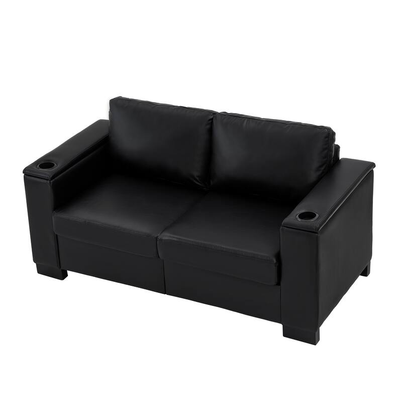 67.7" Modern Style Loveseat Faux Leather Couch,Square Arm Sofa With Cup Holder,Storage Sofa,Upholstered PU Leather