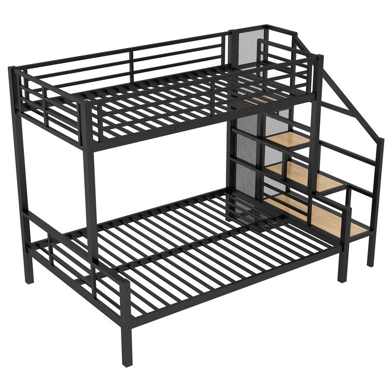 Twin over Full Metal Bunk Bed with Storage Stairs and Wardrobe, Black