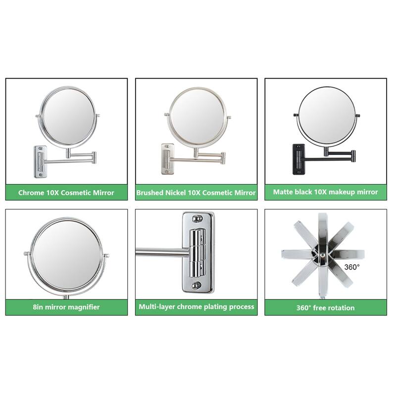 Wall Mount Makeup Mirror 10x Magnification Double-Sided Swivel Mirror