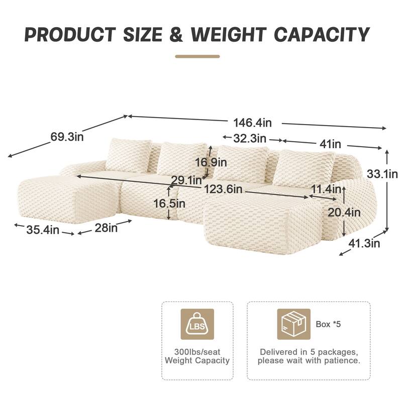 146" Modern U-Shaped Modular Sectional Sofa for Living Room,Flannelette Fabric,Oversized 4-Seater Couch