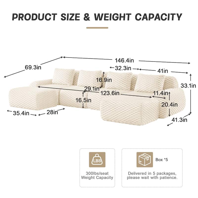 Roomfitters 114 Inch Modular Sectional Sofa, Oversized Flannelette 3-Seater, Cream