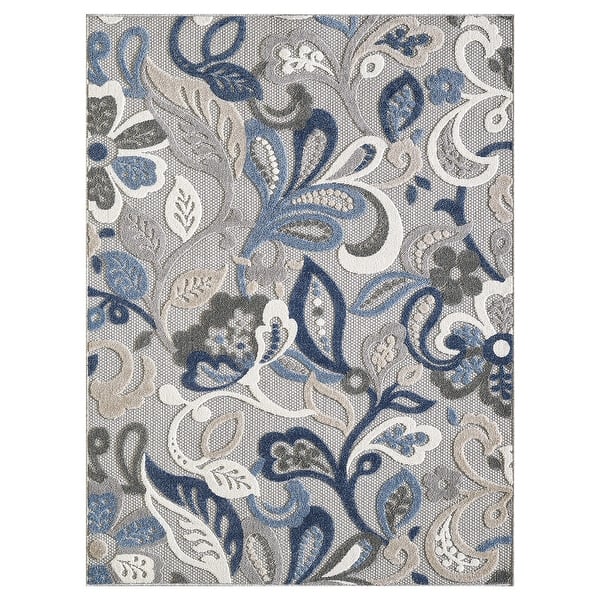 3' X 5' Blue and Gray Damask Indoor Outdoor Area Rug 3' X 5' Blue and Gray Damask Indoor Outdoor Area Rug