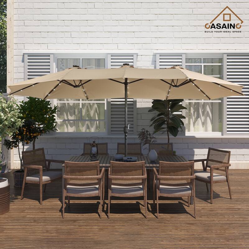 15-ft. Rectangular Crank Double-sided Outdoor Market Umbrella Solar LED Lighted Patio Umbrella with Base Included - Beige