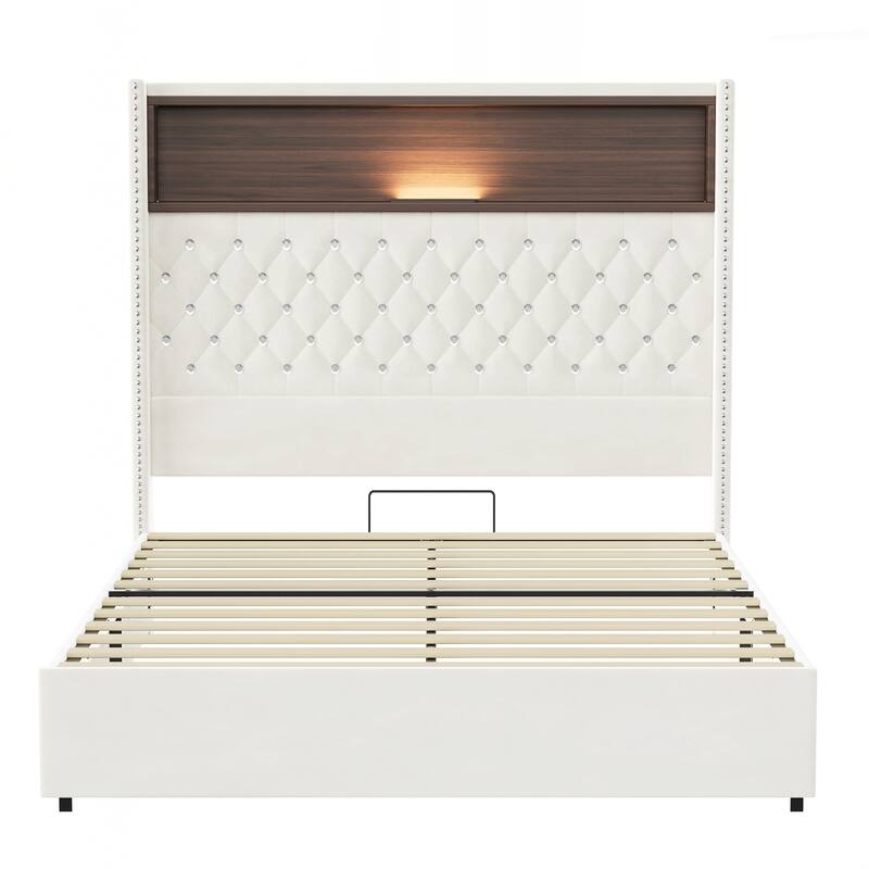 Full Size Tufted Soft Bed Frame with USB Port and Night Light