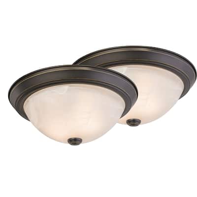 Twin Pack 13-in W Bronze Flush Mount Ceiling Light Fixture White Glass - 13-in W x 5-in H x 13-in D