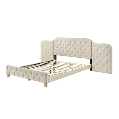 Linen Upholstered Bed with Button Tufted Headboard in Beige