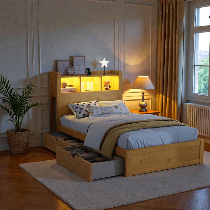 Wood Bed with Storage Headboard, Drawers and Pull Out Cabinet, Twin Full Bed with LED Light and Socket