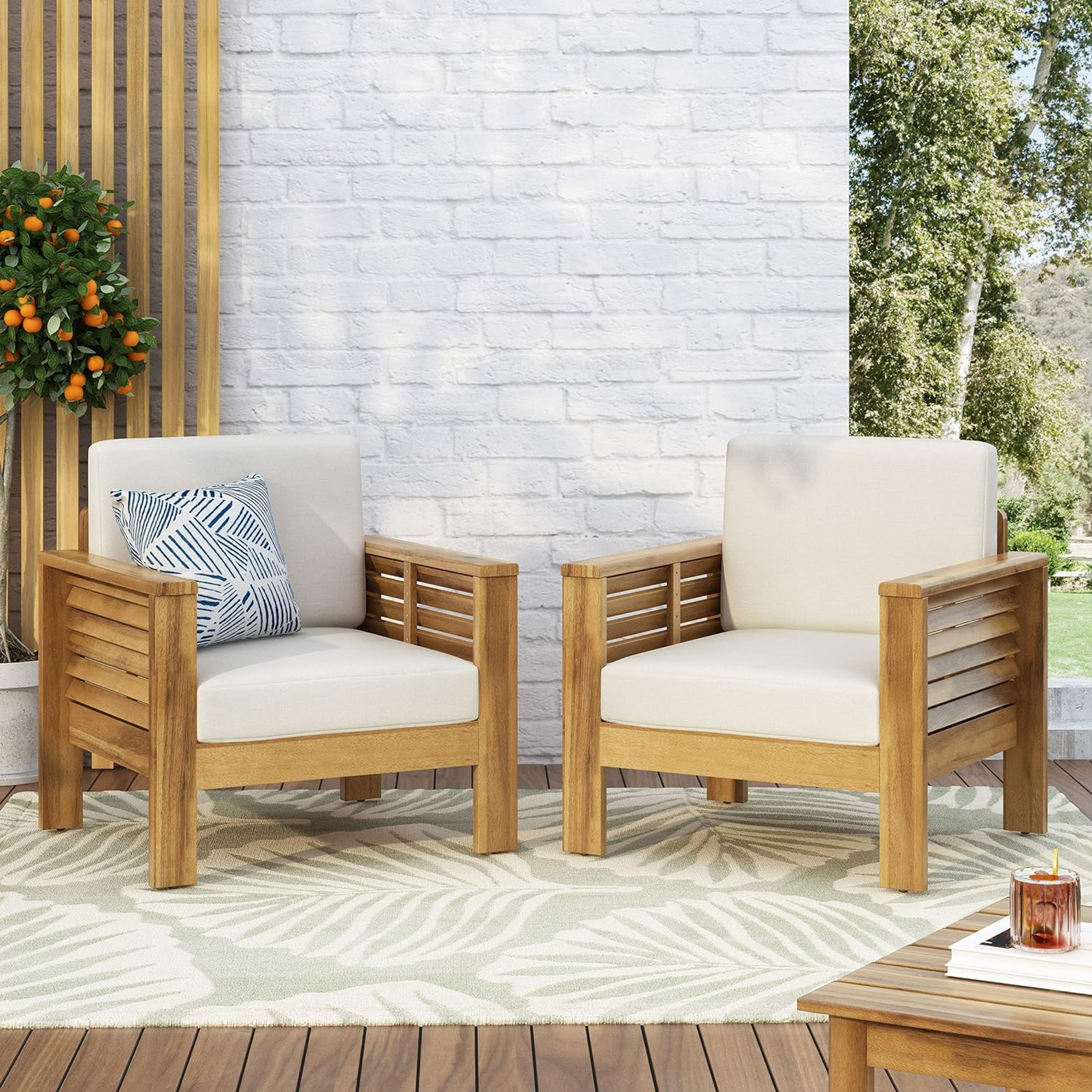 Set of 2 Outdoor Acacia Wood Club Chairs with Water-Resistant Cushions