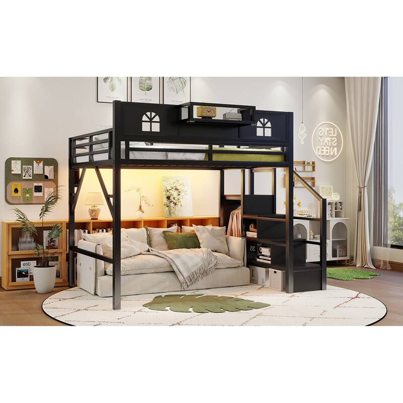 Roomfitters Full/Queen Metal Loft Platform Bed, Staircase Wardrobe and LED Charging Station with House Guardrails for Bedrooms