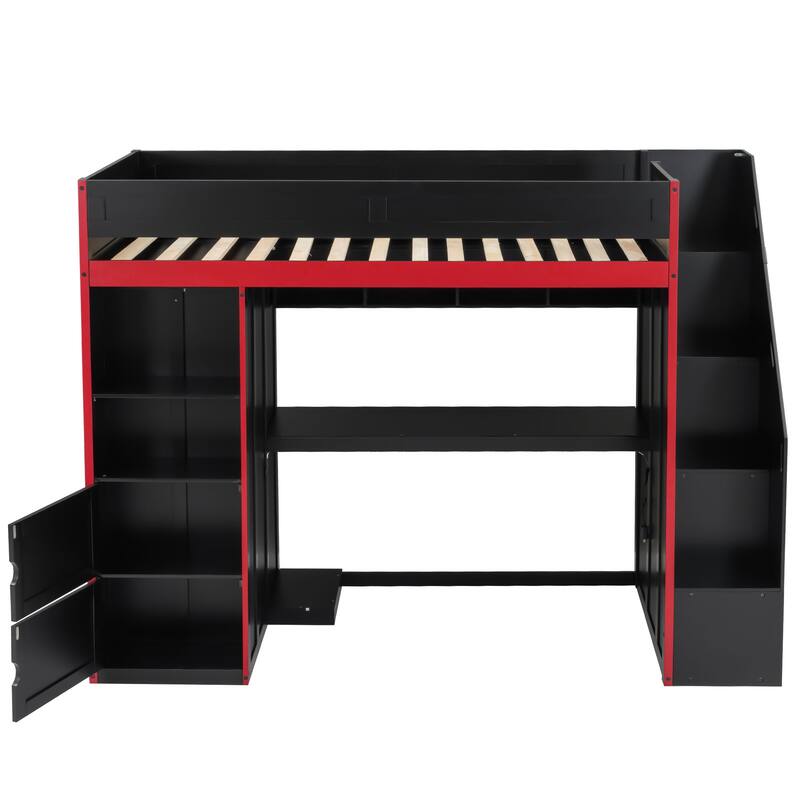GDFStudio - GameZone Modern Wooden Gaming Loft Bed with Desk, Storage and LED Lighting