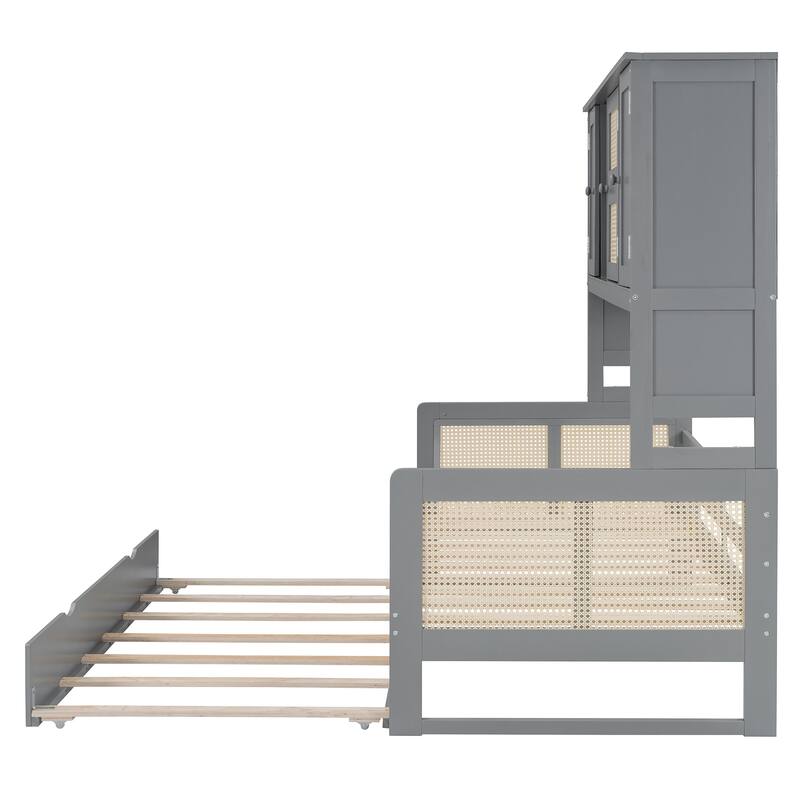 Twin Size Wooden Daybed with Trundle, Cabinet, and Shelf in Gray