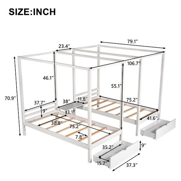Double Shared Twin Size Canopy Platform Beds with 2 Drawers and Built