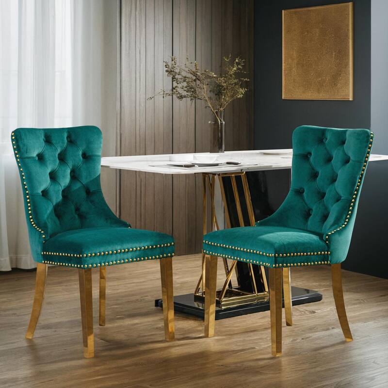 Solid Wood Contemporary Velvet Upholstered Dining Chair with Golden Stainless Steel Plating Legs,Nailhead Trim,Set of 2 - Green