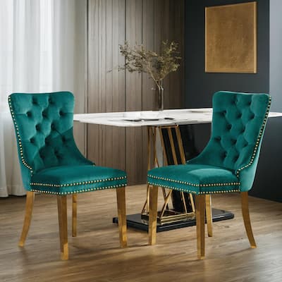 Solid Wood Contemporary Velvet Upholstered Dining Chair with Golden Stainless Steel Plating Legs,Nailhead Trim,Set of 2