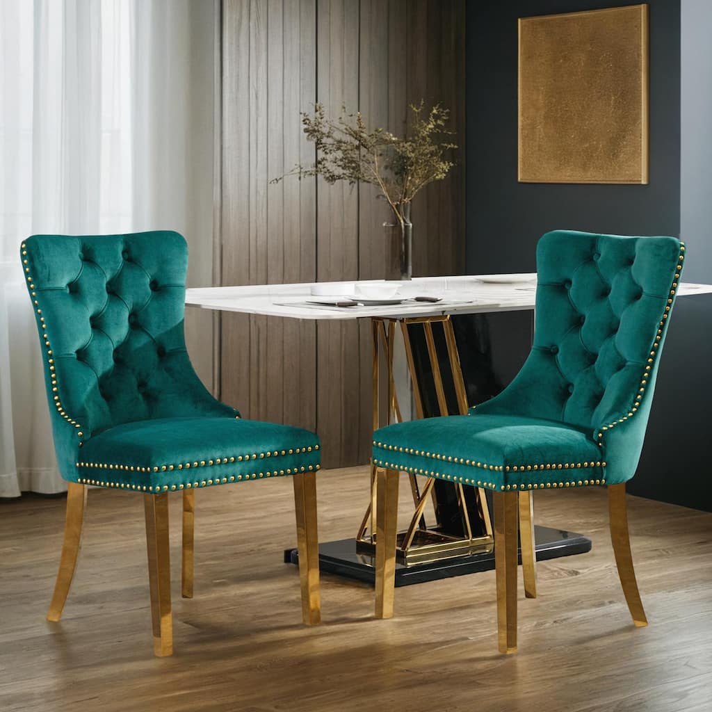 Solid Wood Contemporary Velvet Upholstered Dining Chair with Golden Stainless Steel Plating Legs,Nailhead Trim,Set of 2