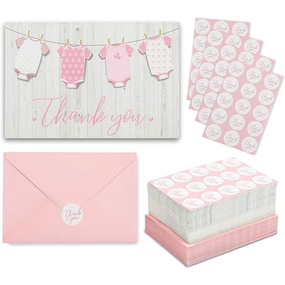Paper Junkie 60-Pack Girl Baby Shower Thank You Cards with Envelopes and Stickers, 6x4 in