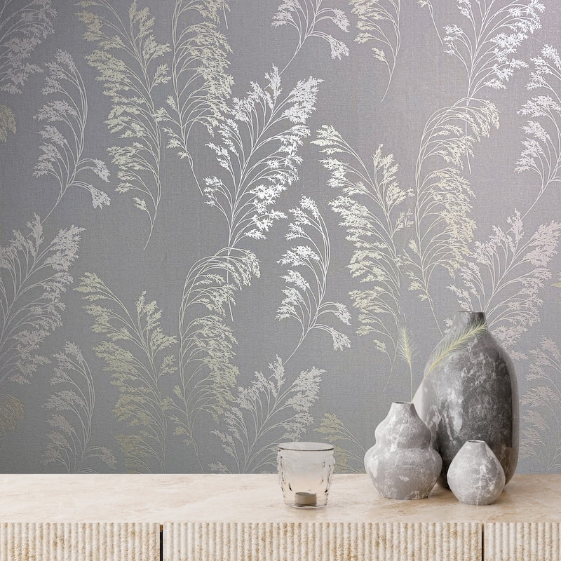 Galerie Wallcoverings Shrub Leaf On Plain Linen Texture Vinyl on Non-woven Soft Metallic Wallpaper Roll