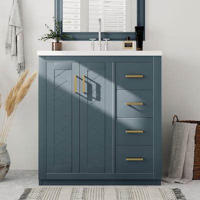 Bathroom Vanity with Ceramic Sink, Vanity Set with 3 Drawers and Doors, Bathroom Storage Cabinet with Solid Wood Frame