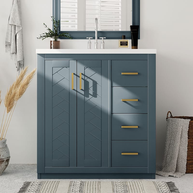 Roomfitters 30" Vanity with Ceramic Sink, Solid Wood Freestanding Cabinet with 3 Drawers and Soft Closing Doors - Blue