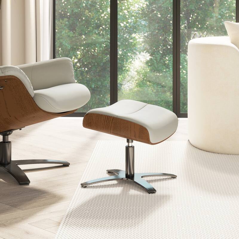 Jovan 20.5" Mid-Century Modern Genuine Leather Footstool Ottoman