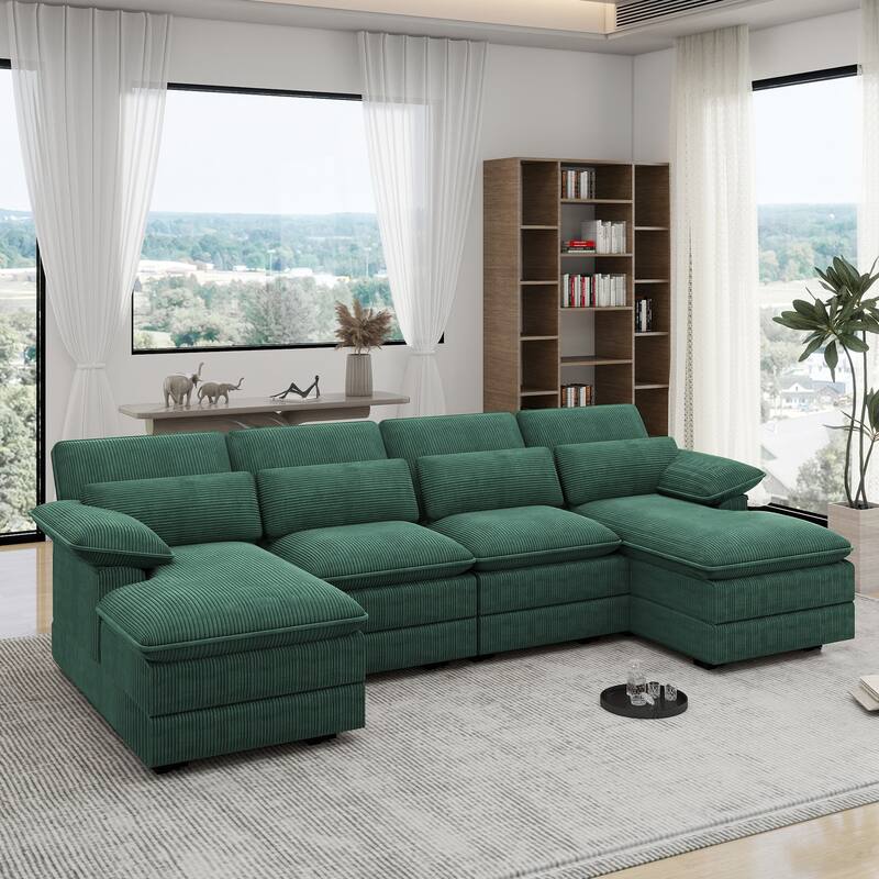 111.8" U-Shaped Cloud Sectional, 4-Seater Corduroy Upholstered Sectional with Recliner and Cushions