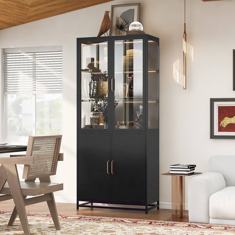 76.75'' Tall Display Cabinet with Glass Doors and LED Lights, Steel Curio Cabinet with 3-Sided Glass, Pantry Cabinet
