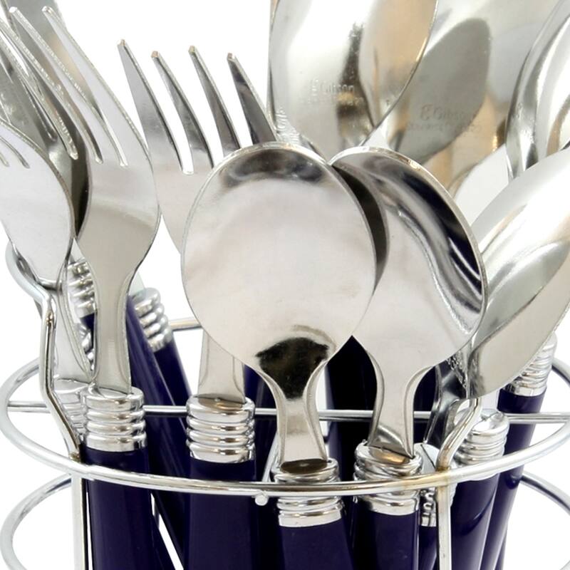 16 Piece Stainless Steel Silverware Set with Navy Handles and Silver Organizer