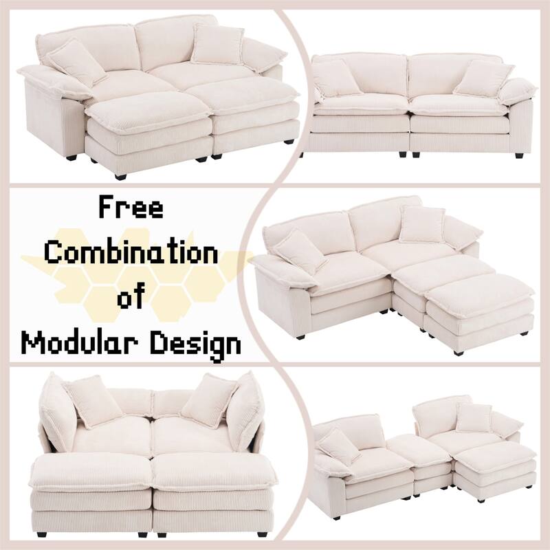 Modern 2-Seater Corduroy Sofa with 4 Support Pillows and 2 Ottomans