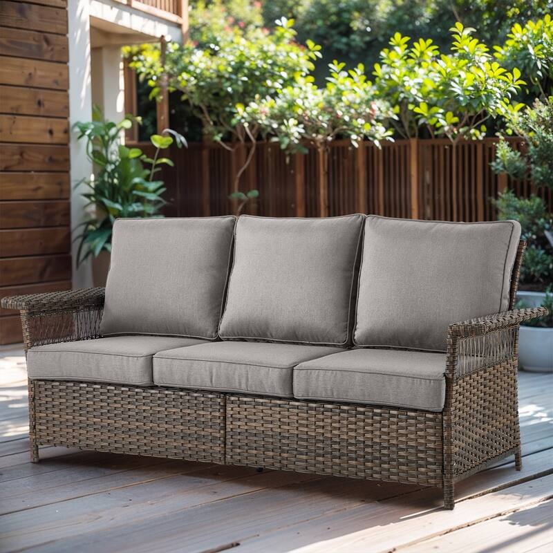 Gymojoy Premium Outdoor 3-Seat Rattan Sofa with Comfortable Cushions - 1-Piece - Grey