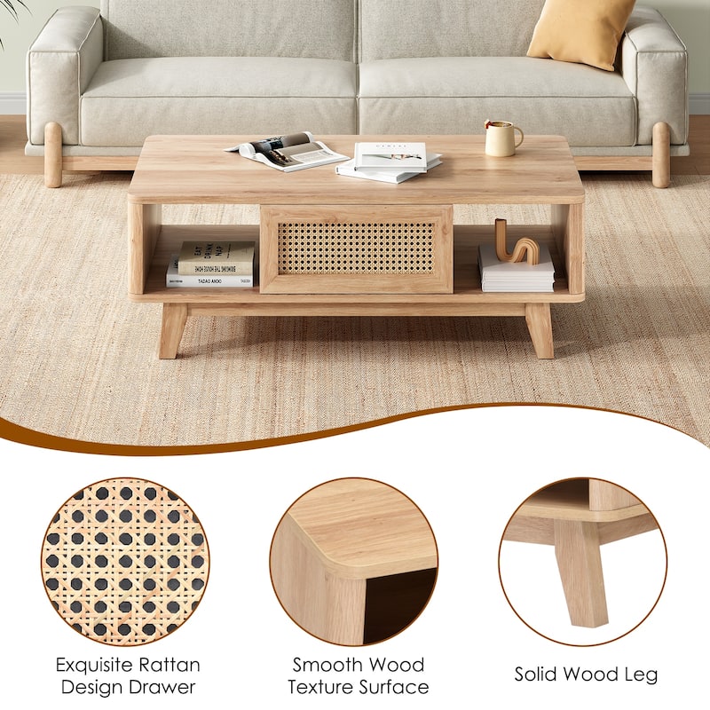 Mid Century Coffee Table with Storage, Modern Square with Rattan Drawer, Wooden Living Room Table with Solid Wood Leg