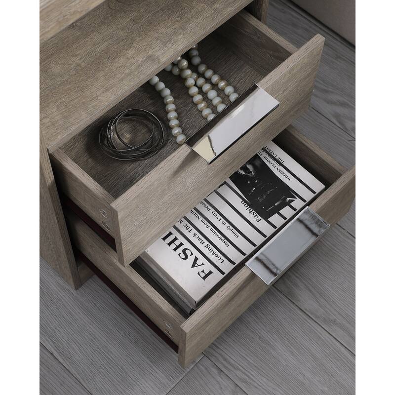 End Table Side Table Nightstand with 2 Drawers, Lamp Table Gray Dressing Table with Open Shelf and Charging Station